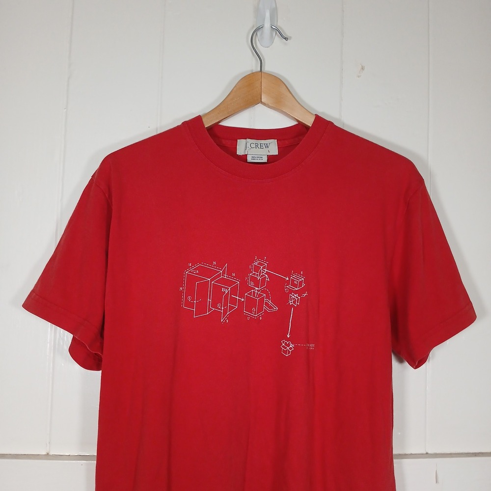 Vintage J. Crew Box Heart Diagram T-Shirt Mens L Red Graphic Made in USA 45487